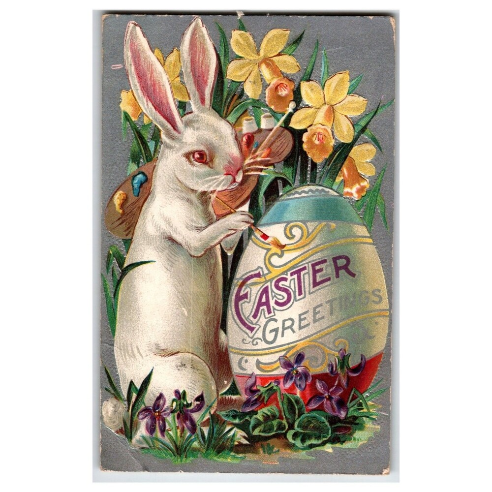 Vintage 1909 Embossed Easter Rabbit Decorating Egg Postcard Daffodils Violets